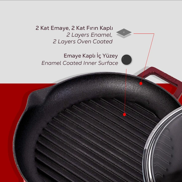 Lava Döküm Yuvarlak Izgara Tavası Cam Kapaklı Döküm Demir Yekpare Çift Kulplu Çap(Ø)26cm.-Bordo - Resim 6