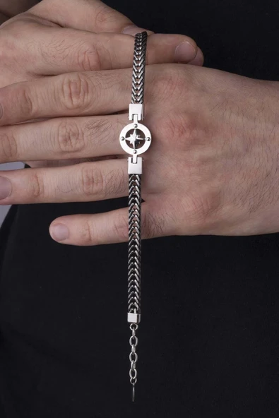 Gümüş Pazarım Kutup Yıldızı Motifli Zincir Model Çelik Erkek Bileklik - Resim 2