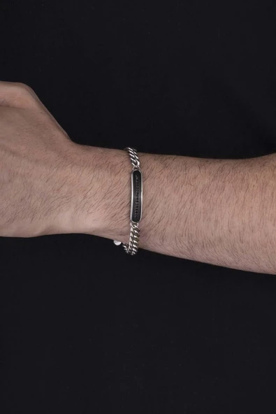 Gümüş Pazarım Siyah Taşlı Gurmet Zincir Plaka Model Erkek Çelik Bileklik - Resim 2