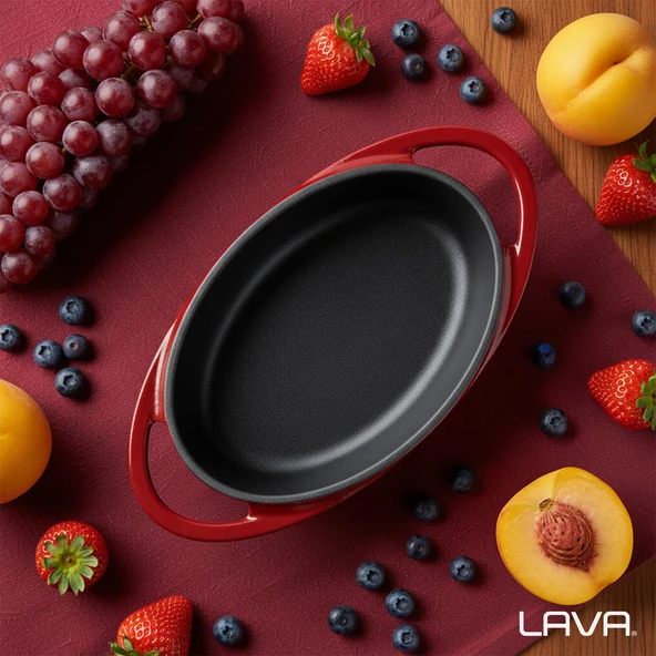 Lava Döküm Oval Sahan Döküm Demir Yekpare Çift Kulplu Ölçü 15x10cm.-Bordo - 7