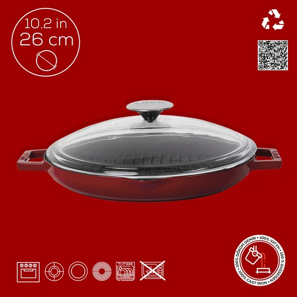 Lava Döküm Yuvarlak Izgara Tavası Cam Kapaklı Döküm Demir Yekpare Çift Kulplu Çap(Ø)26cm.-Bordo - Resim 4