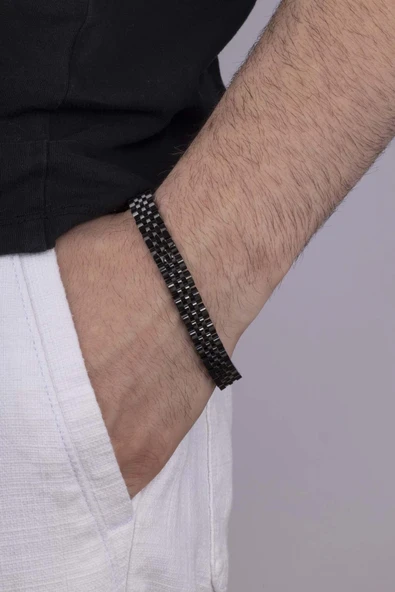 Gümüş Pazarım Siyah Kordon Model Çelik Erkek Bileklik ürün görseli 1