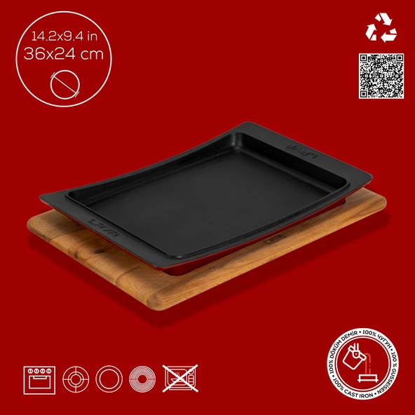 Lava Döküm Dikdörtgen Servis Tabağı ve Kayın Servis Ahşabı. Ölçü 36x24cm.-Bordo - Resim 4