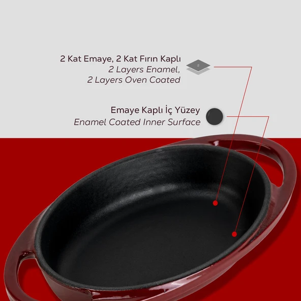 Lava Döküm Oval Sahan Döküm Demir Yekpare Çift Kulplu Ölçü 15x10cm.-Bordo - 6