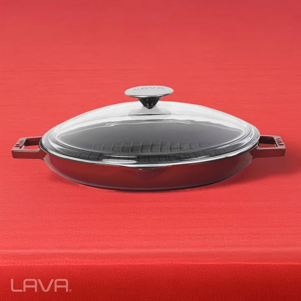 Lava Döküm Yuvarlak Izgara Tavası Cam Kapaklı Döküm Demir Yekpare Çift Kulplu Çap(Ø)26cm.-Bordo - Resim 7