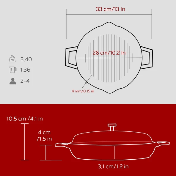 Lava Döküm Yuvarlak Izgara Tavası Cam Kapaklı Döküm Demir Yekpare Çift Kulplu Çap(Ø)26cm.-Bordo - Resim 5