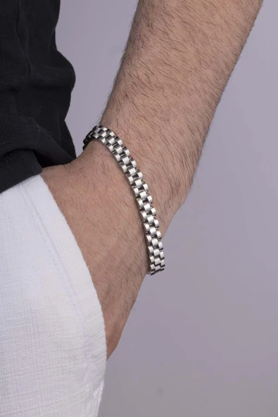 Gümüş Pazarım Kordon Model Beyaz Altın Kaplama Erkek Çelik Bileklik ürün görseli 1