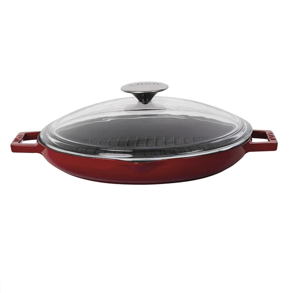 Lava Döküm Yuvarlak Izgara Tavası Cam Kapaklı Döküm Demir Yekpare Çift Kulplu Çap(Ø)26cm.-Bordo ürün görseli