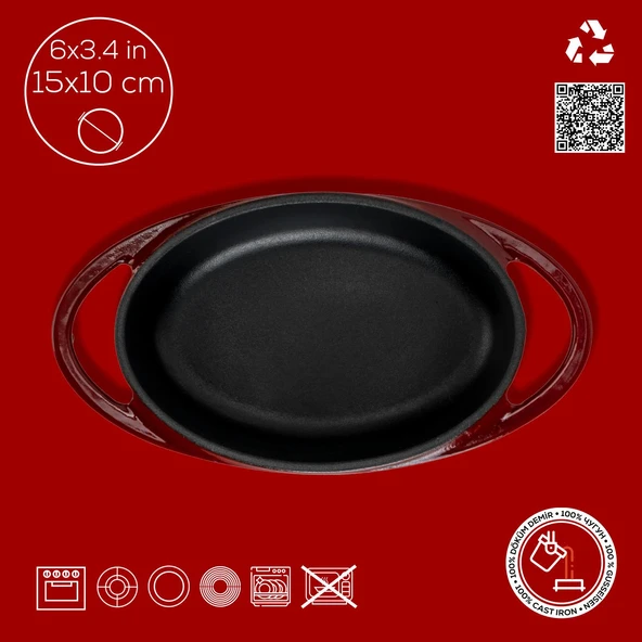 Lava Döküm Oval Sahan Döküm Demir Yekpare Çift Kulplu Ölçü 15x10cm.-Bordo - 4