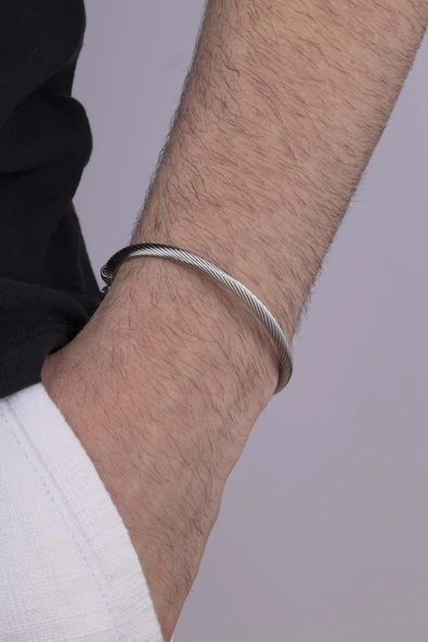Gümüş Pazarım Örgü Model Beyaz Altın Kaplama Çelik Erkek Kelepçe Bileklik ürün görseli 1