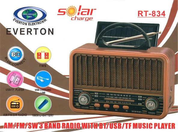 Everton Rt-834 Bluetooth Radyo-TF card-usb-Kumandalı Nostaljik Radyo Solar Güneş Panelli - 2