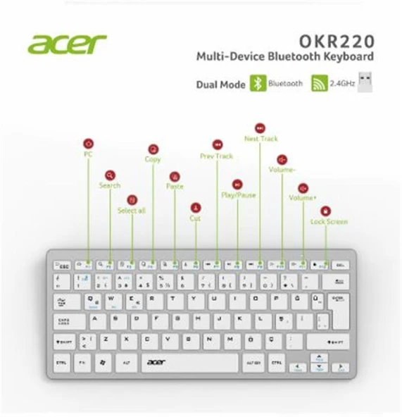 Acer OKR220 Beyaz MultiDevice Dual Mode 2.4GHZ Bluetooth Klavye (Smart Tv)(Android)