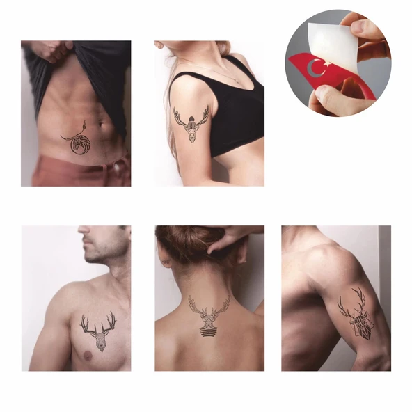 Geyik Desenleri 5'li Set Geçici Dövme Kına Şablonu - Resim 2