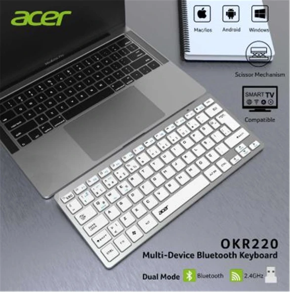 Acer OKR220 Beyaz MultiDevice Dual Mode 2.4GHZ Bluetooth Klavye (Smart Tv)(Android) - 2
