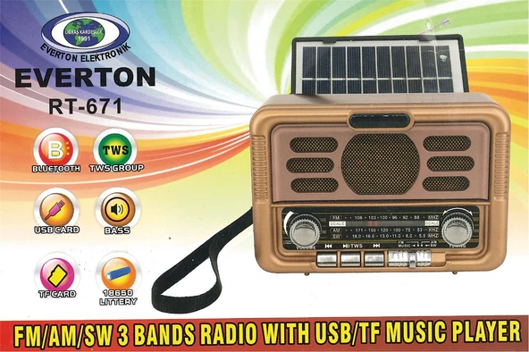 Everton Rt-671 Bluetooth Fm-Usb-Tf-Aux Şarjlı Solar Nostaljik Radyo Güneş Panelli