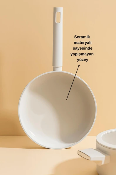 7 Parça Krem Seramik Kaplamalı Tencere Seti - Resim 5