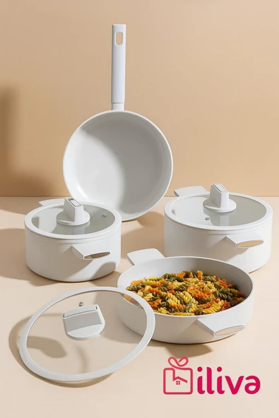 7 Parça Krem Seramik Kaplamalı Tencere Seti ürün görseli