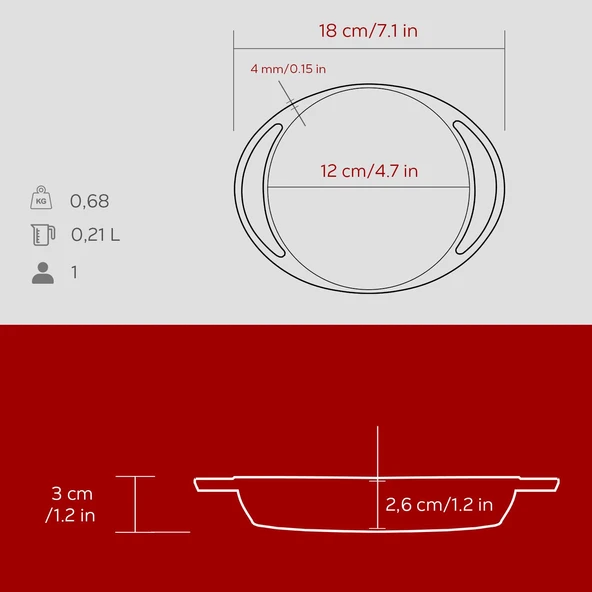 Lava Döküm Yuvarlak Sahan Döküm Demir Yekpare Çift Kulplu Çap(Ø)12cm.-Bordo - Resim 5
