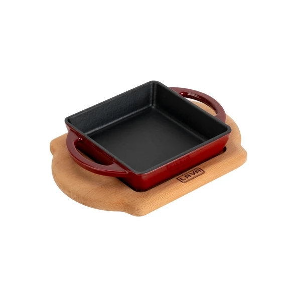 Lava Döküm Kare Sahan Döküm Demir Yekpare Çift Kulplu Kayın Servis Ahşabı Ölçü 12x12cm.-Bordo - Resim 2