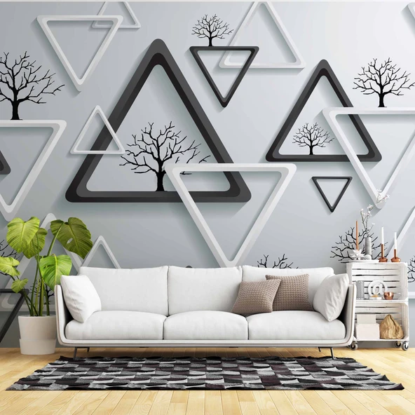 3 Boyutlu Beyaz Üçgen Ağaç Motifli Duvar Kağıdı ürün görseli