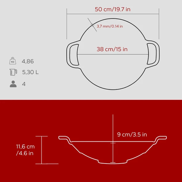 Lava Döküm Yuvarlak Wok Döküm Demir Yekpare Çift Kulplu Çap(Ø)38cm.-Bordo - 5