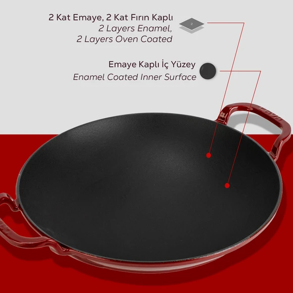 Lava Döküm Yuvarlak Wok Döküm Demir Yekpare Çift Kulplu Çap(Ø)38cm.-Bordo - 6