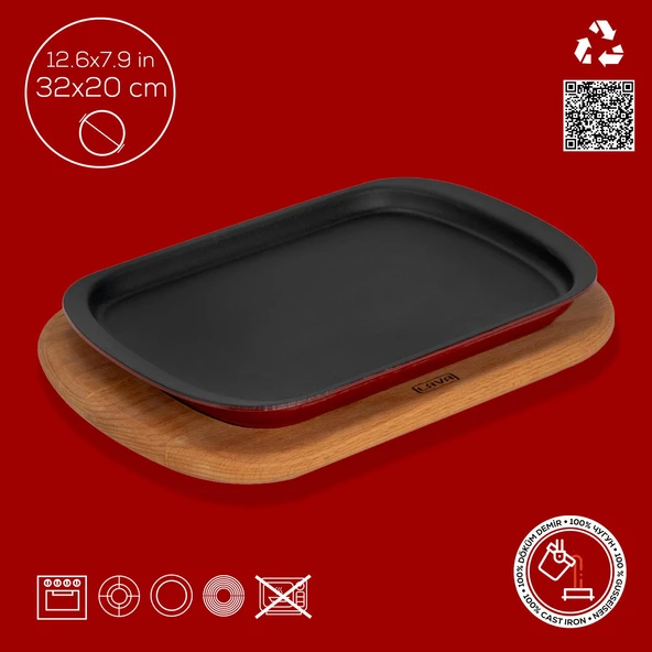 Lava Döküm Dikdörtgen Servis Tabağı ve Kayın Servis Ahşabı. Ölçü 32x20cm.-Bordo - Resim 4