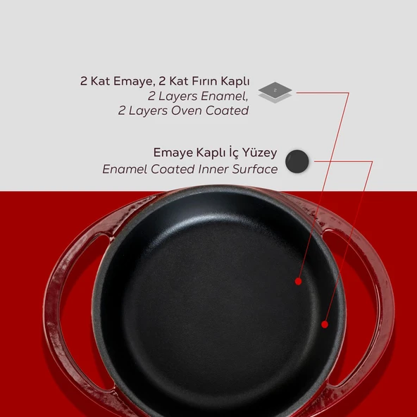 Lava Döküm Yuvarlak Sahan Döküm Demir Yekpare Çift Kulplu Çap(Ø)12cm.-Bordo - Resim 6