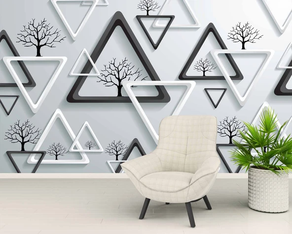 3 Boyutlu Beyaz Üçgen Ağaç Motifli Duvar Kağıdı - Resim 6