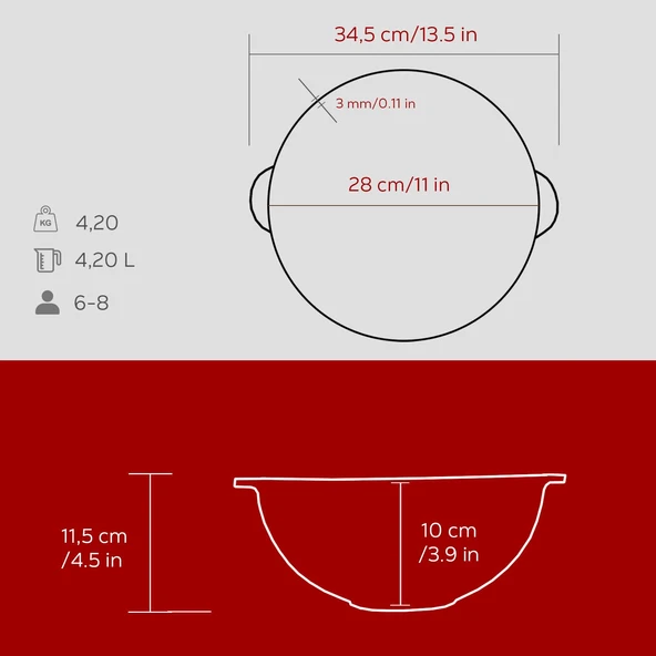Lava Döküm Yuvarlak Özbek Kazanı / Tencere. Döküm Demir Yekpare Kulplu Çap(Ø)28cm.-Bordo - Resim 5