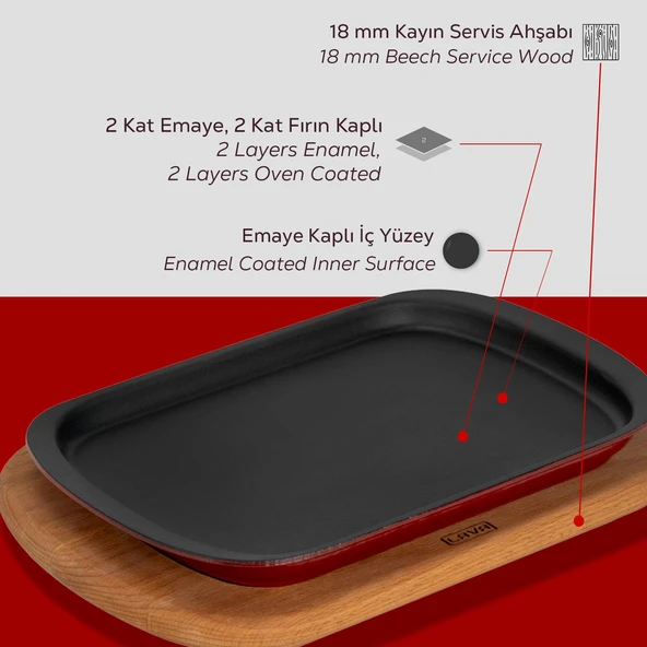Lava Döküm Dikdörtgen Servis Tabağı ve Kayın Servis Ahşabı. Ölçü 32x20cm.-Bordo - Resim 6