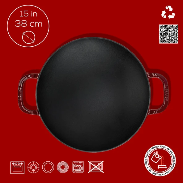 Lava Döküm Yuvarlak Wok Döküm Demir Yekpare Çift Kulplu Çap(Ø)38cm.-Bordo - 4