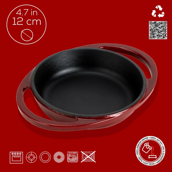 Lava Döküm Yuvarlak Sahan Döküm Demir Yekpare Çift Kulplu Çap(Ø)12cm.-Bordo - Resim 4