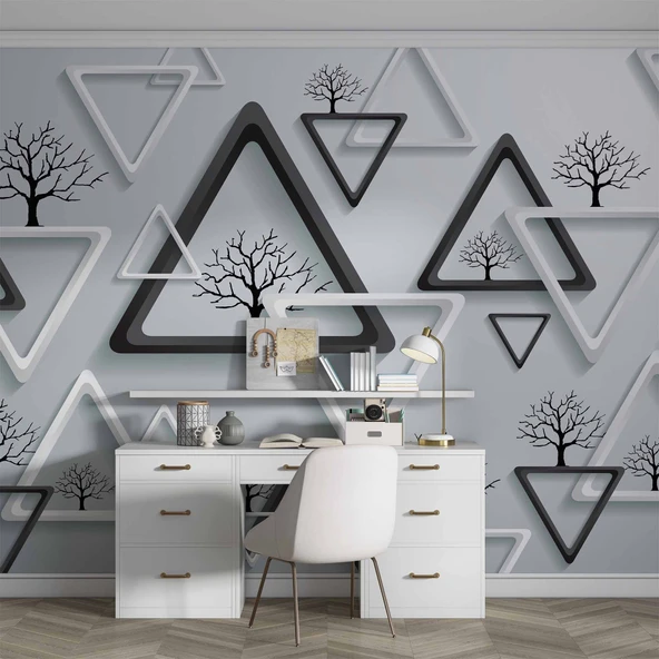 3 Boyutlu Beyaz Üçgen Ağaç Motifli Duvar Kağıdı - Resim 4