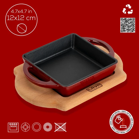 Lava Döküm Kare Sahan Döküm Demir Yekpare Çift Kulplu Kayın Servis Ahşabı Ölçü 12x12cm.-Bordo - Resim 4