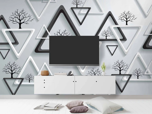 3 Boyutlu Beyaz Üçgen Ağaç Motifli Duvar Kağıdı - Resim 3