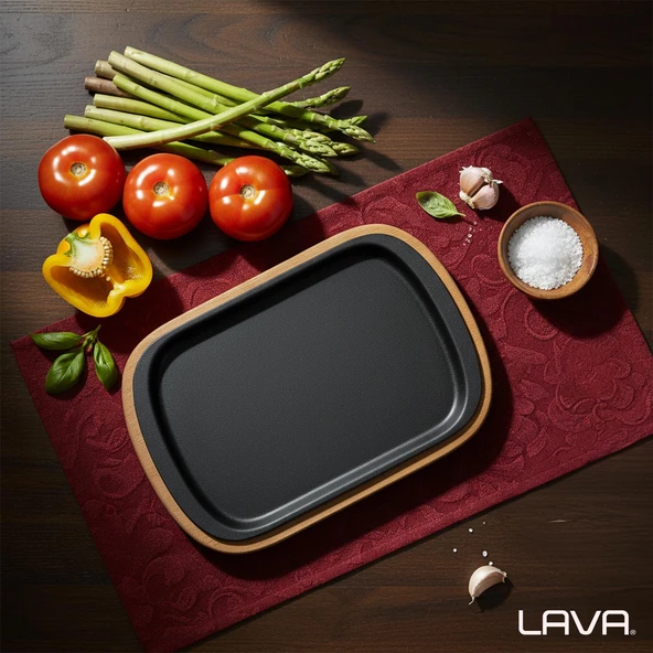 Lava Döküm Dikdörtgen Servis Tabağı ve Kayın Servis Ahşabı. Ölçü 32x20cm.-Bordo - Resim 7