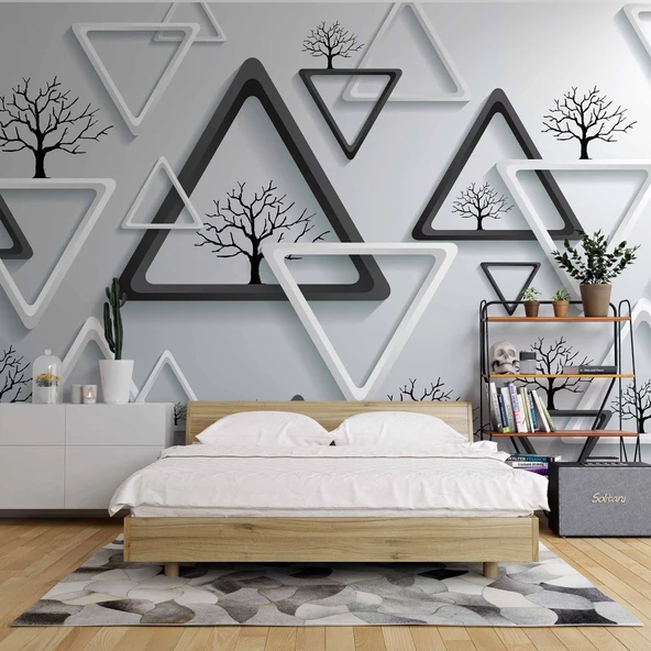 3 Boyutlu Beyaz Üçgen Ağaç Motifli Duvar Kağıdı - Resim 2
