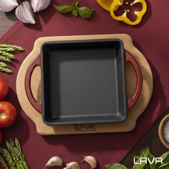 Lava Döküm Kare Sahan Döküm Demir Yekpare Çift Kulplu Kayın Servis Ahşabı Ölçü 12x12cm.-Bordo - Resim 7