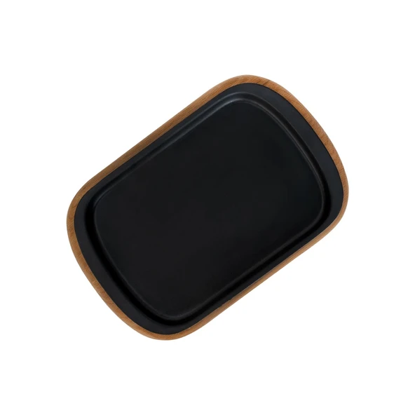 Lava Döküm Dikdörtgen Servis Tabağı ve Kayın Servis Ahşabı. Ölçü 32x20cm.-Bordo - Resim 3