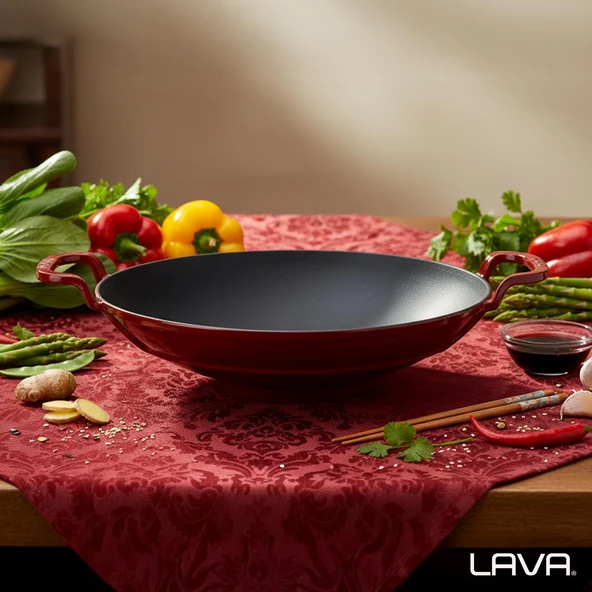 Lava Döküm Yuvarlak Wok Döküm Demir Yekpare Çift Kulplu Çap(Ø)38cm.-Bordo - 7