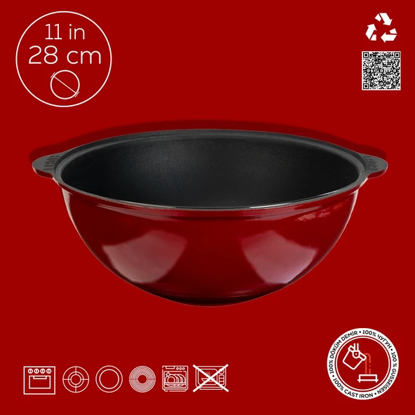 Lava Döküm Yuvarlak Özbek Kazanı / Tencere. Döküm Demir Yekpare Kulplu Çap(Ø)28cm.-Bordo - Resim 4