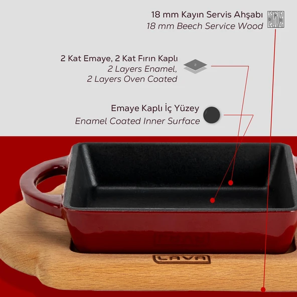 Lava Döküm Kare Sahan Döküm Demir Yekpare Çift Kulplu Kayın Servis Ahşabı Ölçü 12x12cm.-Bordo - Resim 6