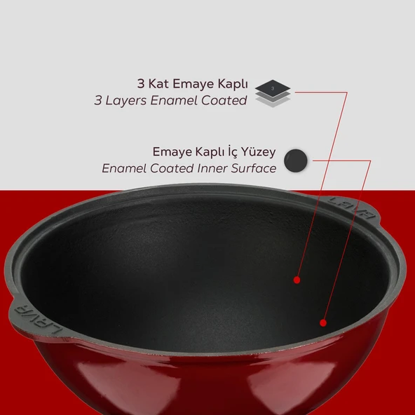 Lava Döküm Yuvarlak Özbek Kazanı / Tencere. Döküm Demir Yekpare Kulplu Çap(Ø)28cm.-Bordo - Resim 6