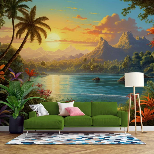 Göl ve Tropikal Manzaralı Duvar Kağıdı ürün görseli