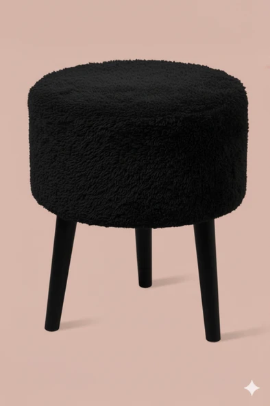 3 Ayaklı Mini Puf - Siyah Teddy Peluş Kumaşlı Mini Tabure ürün görseli