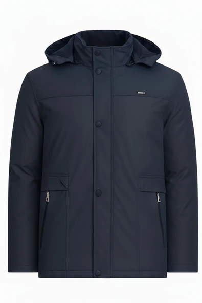 Erkek Lacivert %100 Su Ve Rüzgar Geçirmez Kürklü Çıkartılabilir Kapüşonlu Mont&Kaban ürün görseli 1