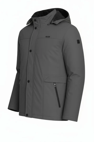 Erkek Gri %100 Su Ve Rüzgar Geçirmez Kürklü Çıkartılabilir Kapüşonlu Mont&Kaban - Resim 2