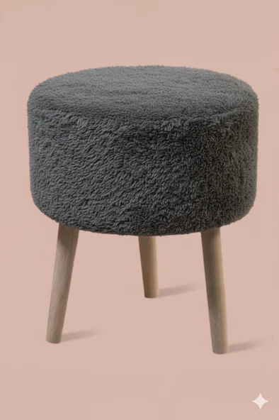 3 Ayaklı Mini Puf - Antrasit Teddy Peluş Kumaşlı Mini Tabure ürün görseli