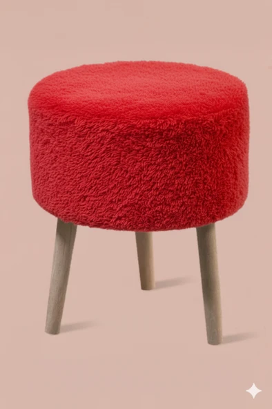 3 Ayaklı Mini Puf - Kırmızı Teddy Peluş Kumaşlı Mini Tabure ürün görseli